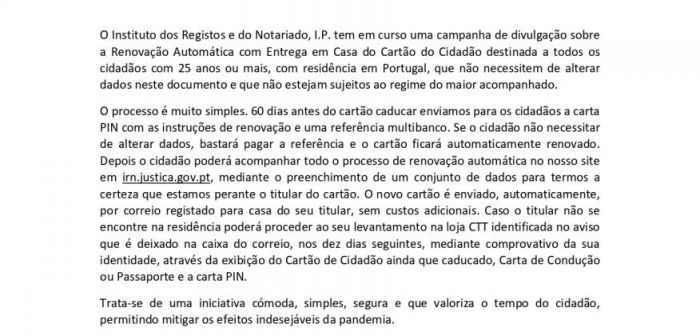 Renovação Automática com Entrega em Casa do Cartão do Cidadão destinada a todos os cidadãos com 25 anos