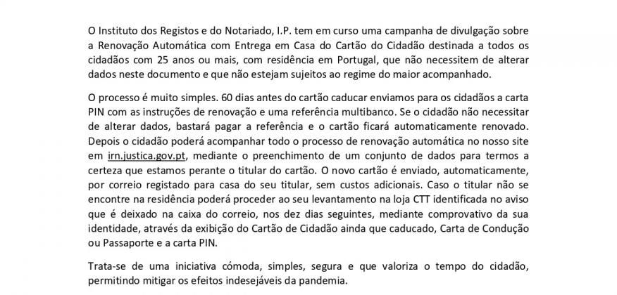 Renovação Automática com Entrega em Casa do Cartão do Cidadão destinada a todos os cidadãos com 25 anos